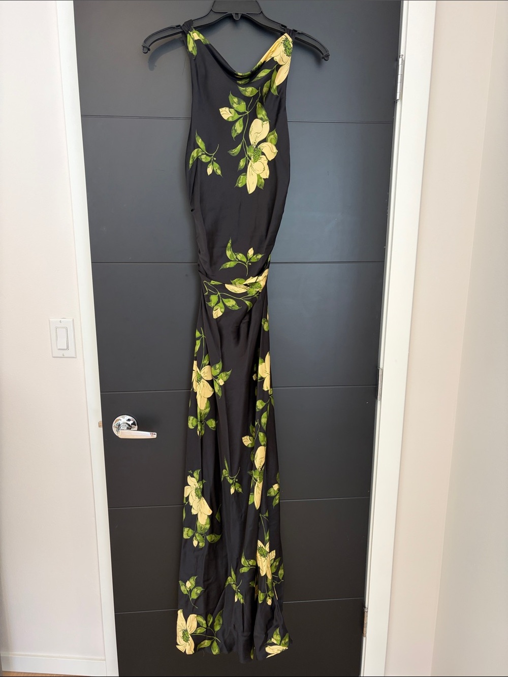 Reformation Anaiis Black Silk Maxi Dress with Yellow Floral Print
